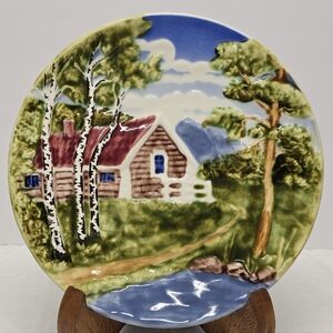 Vintage Schramberg Majolica Germany 3D Ceramic Plate Village Farmhouse